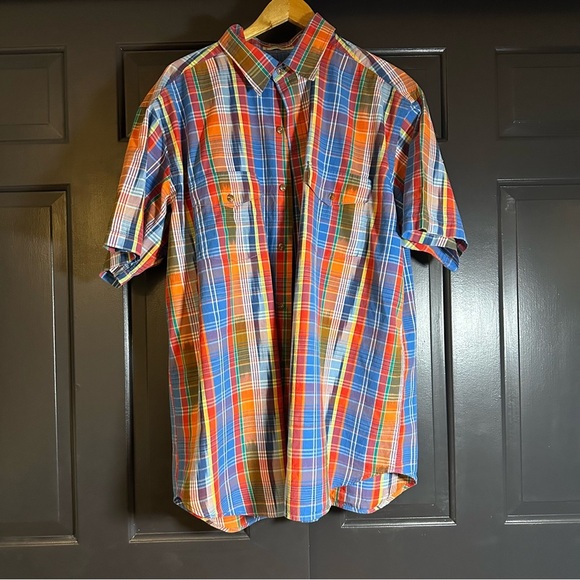 Orvis Shirt Mens XL Short Sleeve Plaid Bright Colors Orange Blue (E)5 - Picture 1 of 7